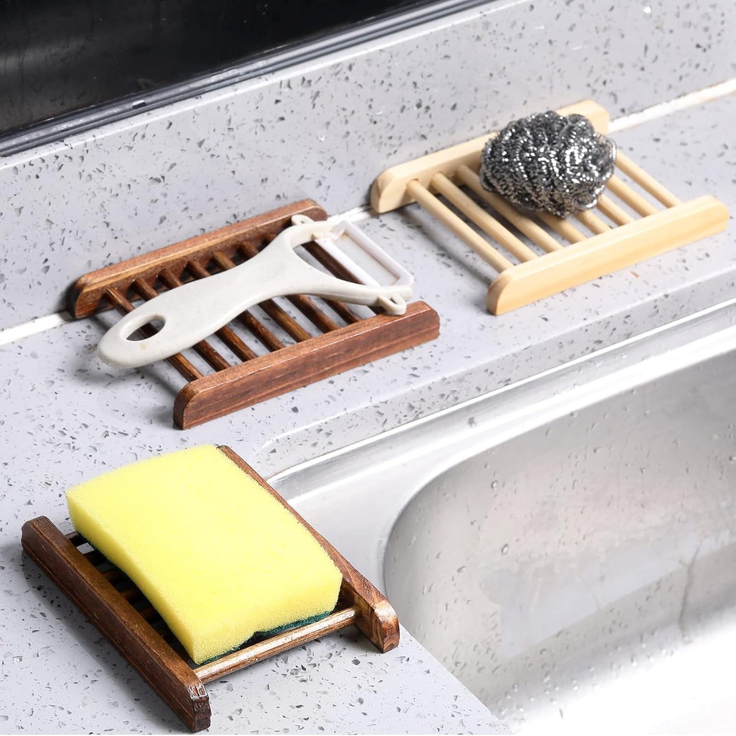 Bamboo Soap Dish Wooden Hand Craft Soap Case for Shower Rectangular Bathtub Shower Dish Accessories for Home Bathroom Kitchen Sponges(Charcoal,50 Pack)