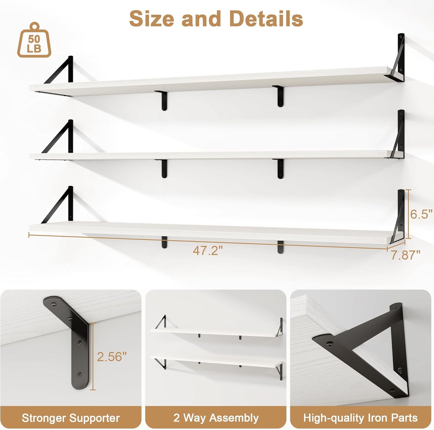 Fun Memories Extra Long Floating Wall Shelves, 48 x 8 Inches, Set of 3 Large Wood Floating Bookshelves with Metal Brackets for Storage & Display (White)