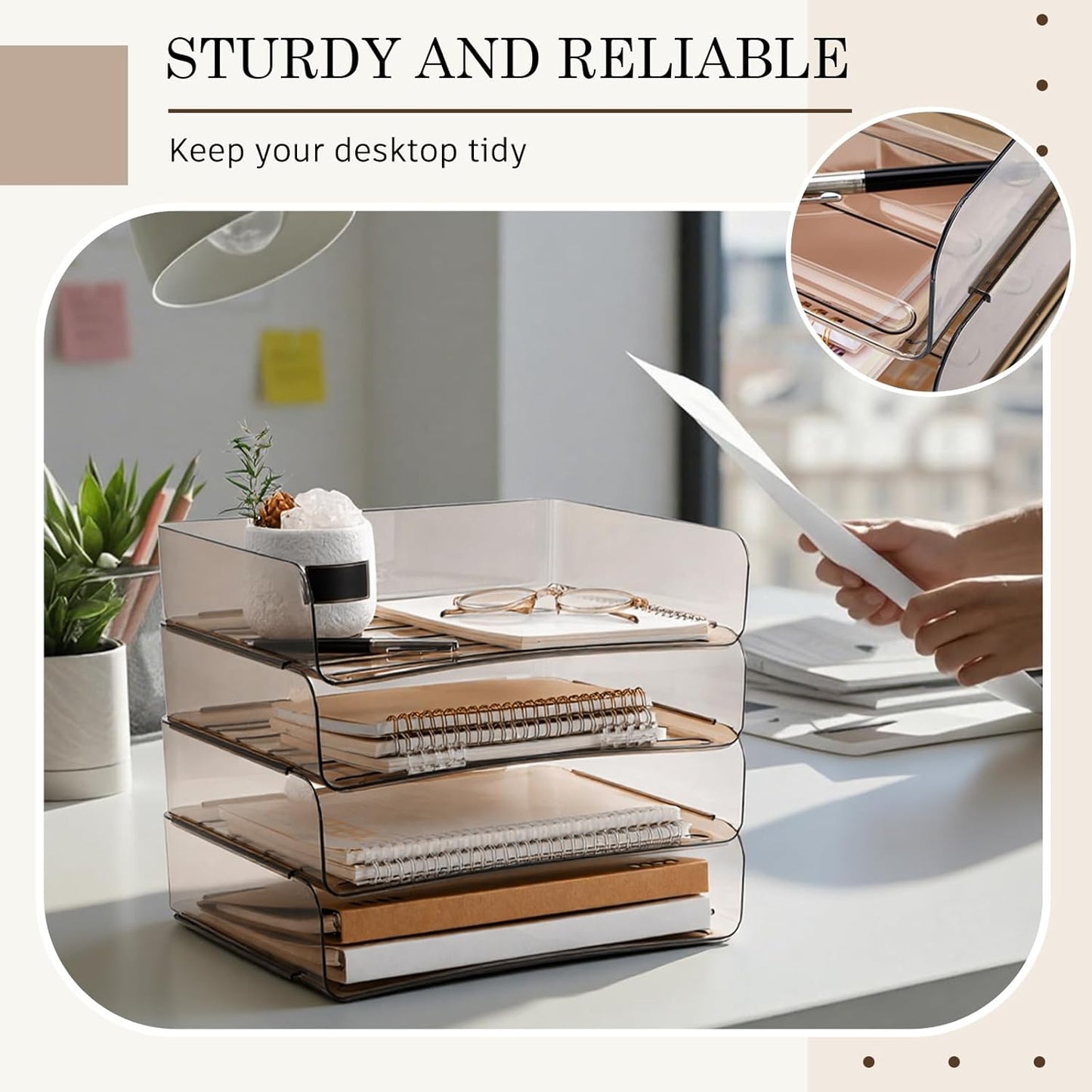 Harloon 4 Tier Acrylic Paper Tray 13 x 9.8 x 3 Inches Stackable Letter Clear Organizer No Need to Assemble Acrylic Paper Organizer File Tray for Office Workspace Desktop Storage (Transparent Gray)