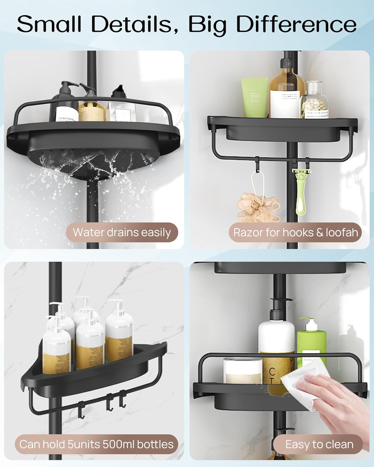 ALLZONE Corner Shower Caddy Tension Pole, Extendable Rustproof Stainless Steel Pole & 4-Tier Adjustable Shelves for Easy Drainage and Built-to-Last Stability, 34 to 116 Inch, Black