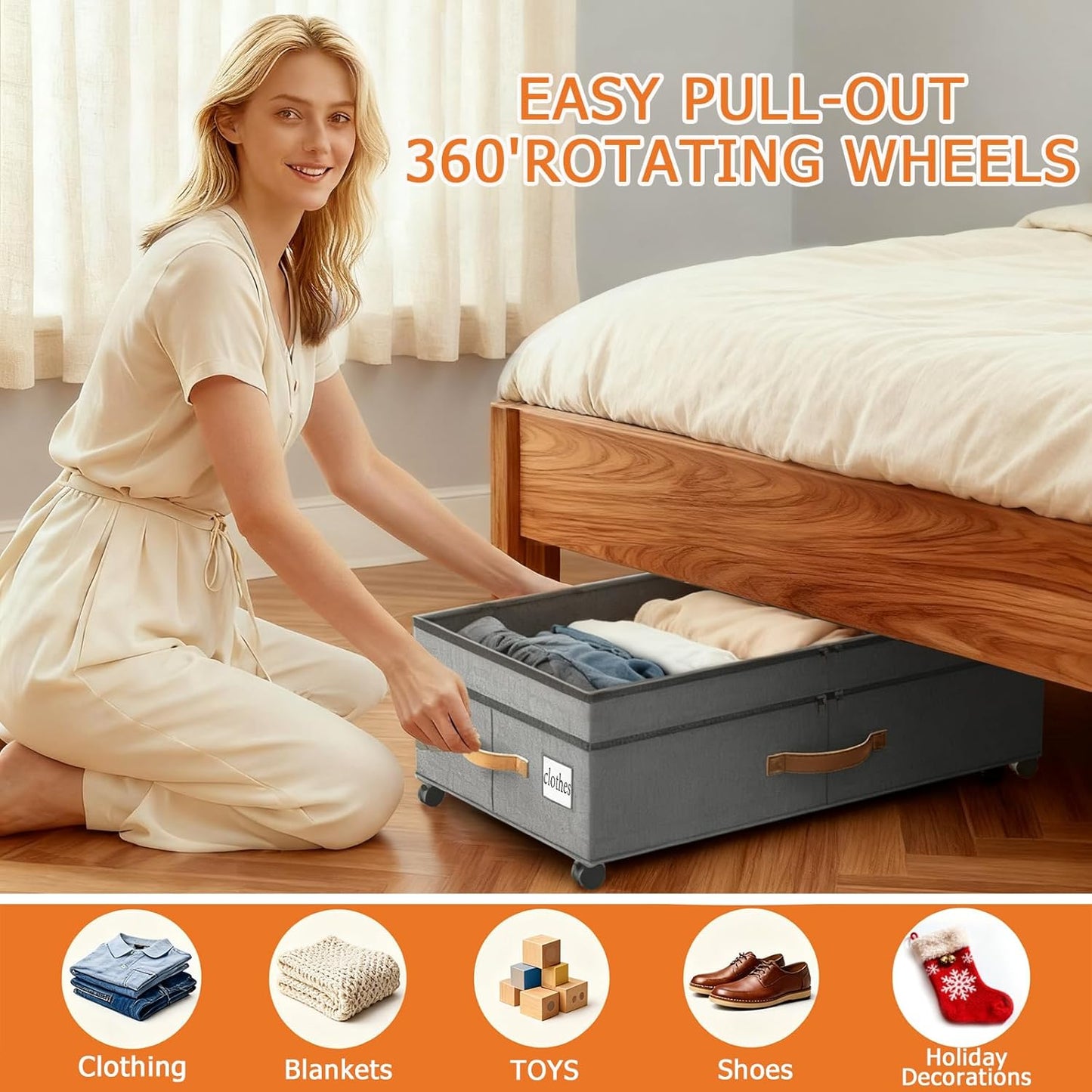 2 Pack Under Bed Storage with Wheels 65L XXL Large Under Bed Storage Containers Box with Lids 10inchs Underbed Storage with Wheels Rolling Under the Bed Storage Bins for Shoes,Clothes,Blankets,Toys