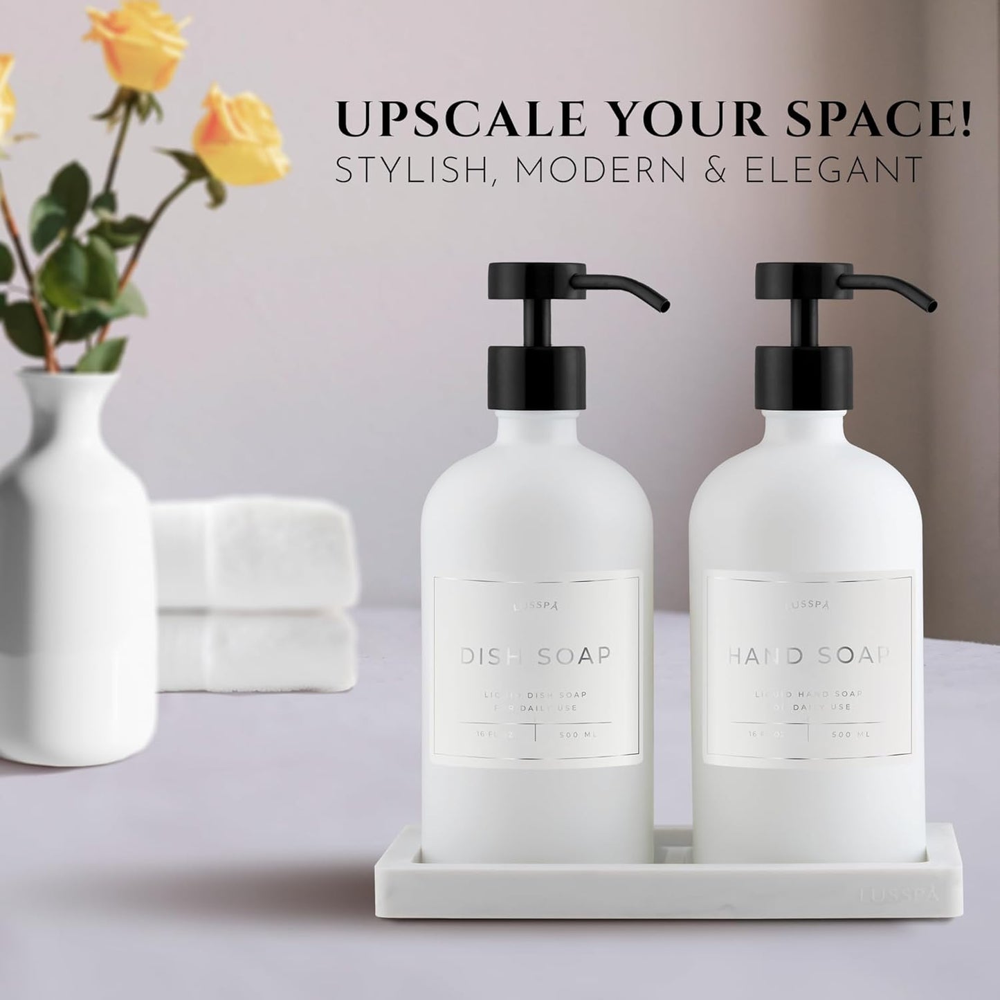 Lotion, Hand & Dish Soap Dispenser for Kitchen Sink - Bathroom Soap Dispenser Set of 2 16.8 Oz Glass Bottles with Stainless Steel Pump, 15 Water Proof Labels & Silicon Tray (White/Black)