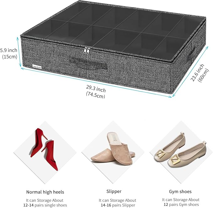 Sturdy Closet Under Bed Shoe Organizer Set of 2 (Fit 12+12 Pairs), Foldable Underbed Shoe Storage Box Bin with Zippers & Handles, Organizador De Zapatos, Linen-like Black, ZMXAUBSB2P