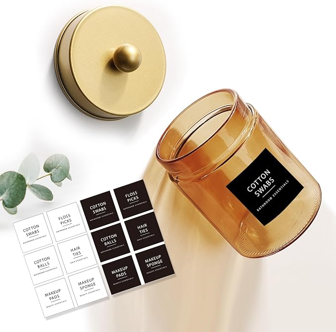 Amolliar Bronze Glass Apothecary Jar, Qtip Holder Metal Lid & Stickers, Bathroom Qtip Dispenser Storage Canister, Perfect for Cotton Balls, Cotton Swabs, Makeup Pads, Bath Salt, Floss, 4 Pack (Gold)
