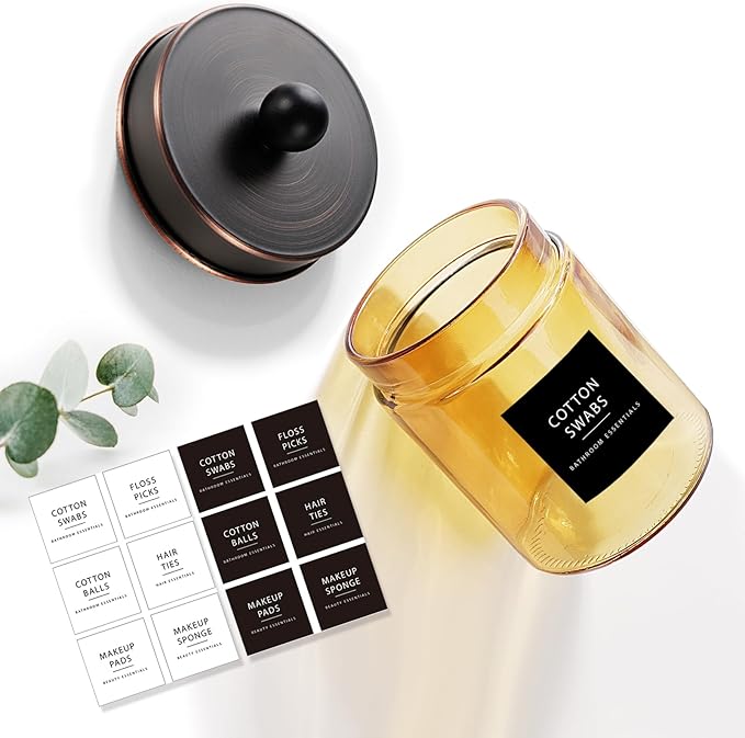 Amolliar Bronze Glass Apothecary Jar With Metal Lid & Stickers, Bathroom Qtip Dispenser Storage Canister, Perfect for Cotton Balls, Cotton Swabs, Makeup Pads, Bath Salt, Floss 1 Pack(ORB)