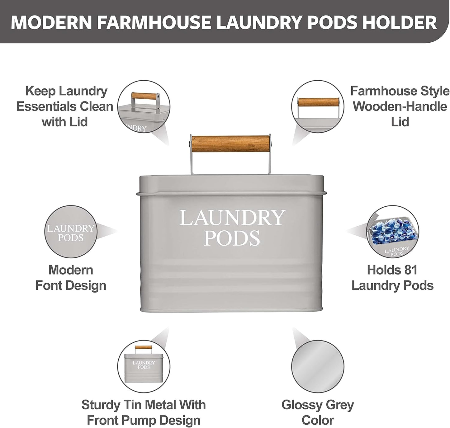 Calindiana Modern Farmhouse Metal Laundry Pods Holder Container with Lid for Laundry Room Decor and Accessories and Space Saving Laundry Room Organization and Storage, Holds 81 Laundry Pods, Grey