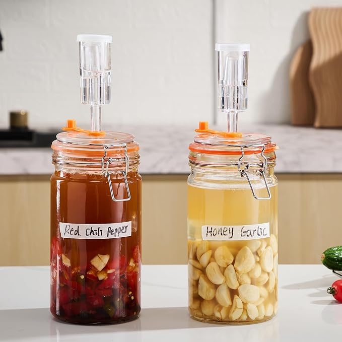JILLMO 1 Liter Fermentation Jar, Glass Fermenting Kit with Weight for Making Sauerkraut, Hot Sauce, Mead, Cider and More, Pack of 2