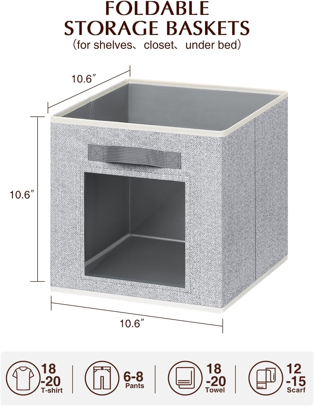 Foldable Storage Cubes - Cubby Storage Organizer with Window, Decorative Fabric Bins for Clothes Storage, Closet Organizers for Shelves, 11inch, Set of 8, Light Grey