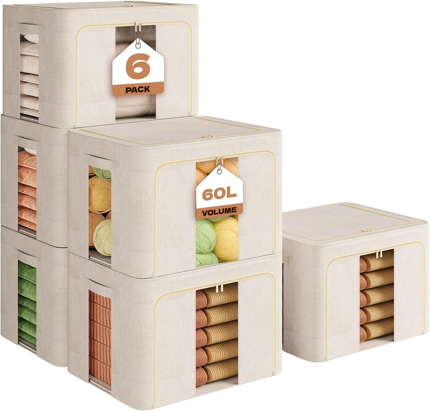 6Pack 60L Large Cloth Storage Bins with Metal Frame, Linen Storage Box with Clear Window, Stackable Sweater Storage for Closet, Clothes Storage Containers for Comforters, Blankets, Quilts, T-shirt
