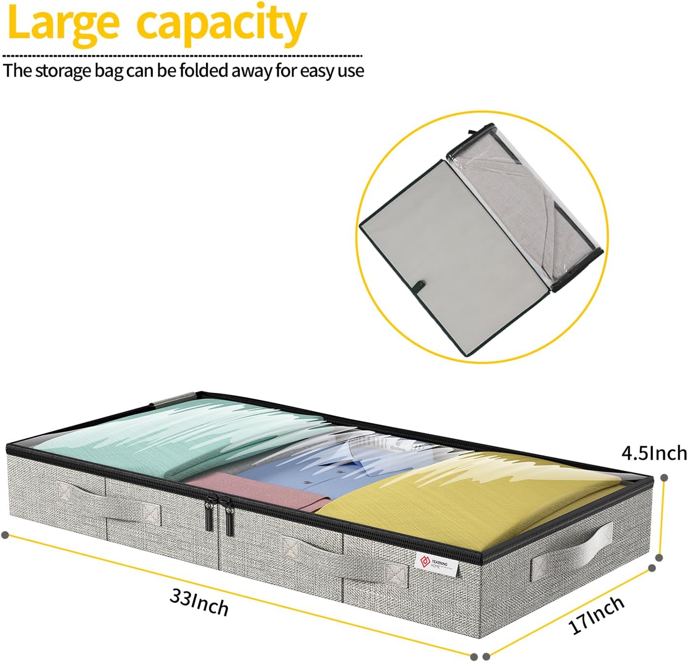 4.5 Inches Under Bed Storage Containers with Sturdy Sidewalls/Bottom and Reinforced Handles，Low Profile Underbed Storage for Clothes,Shoes,Pillows and Blankets with Zips and Clear Windows,2 Pack