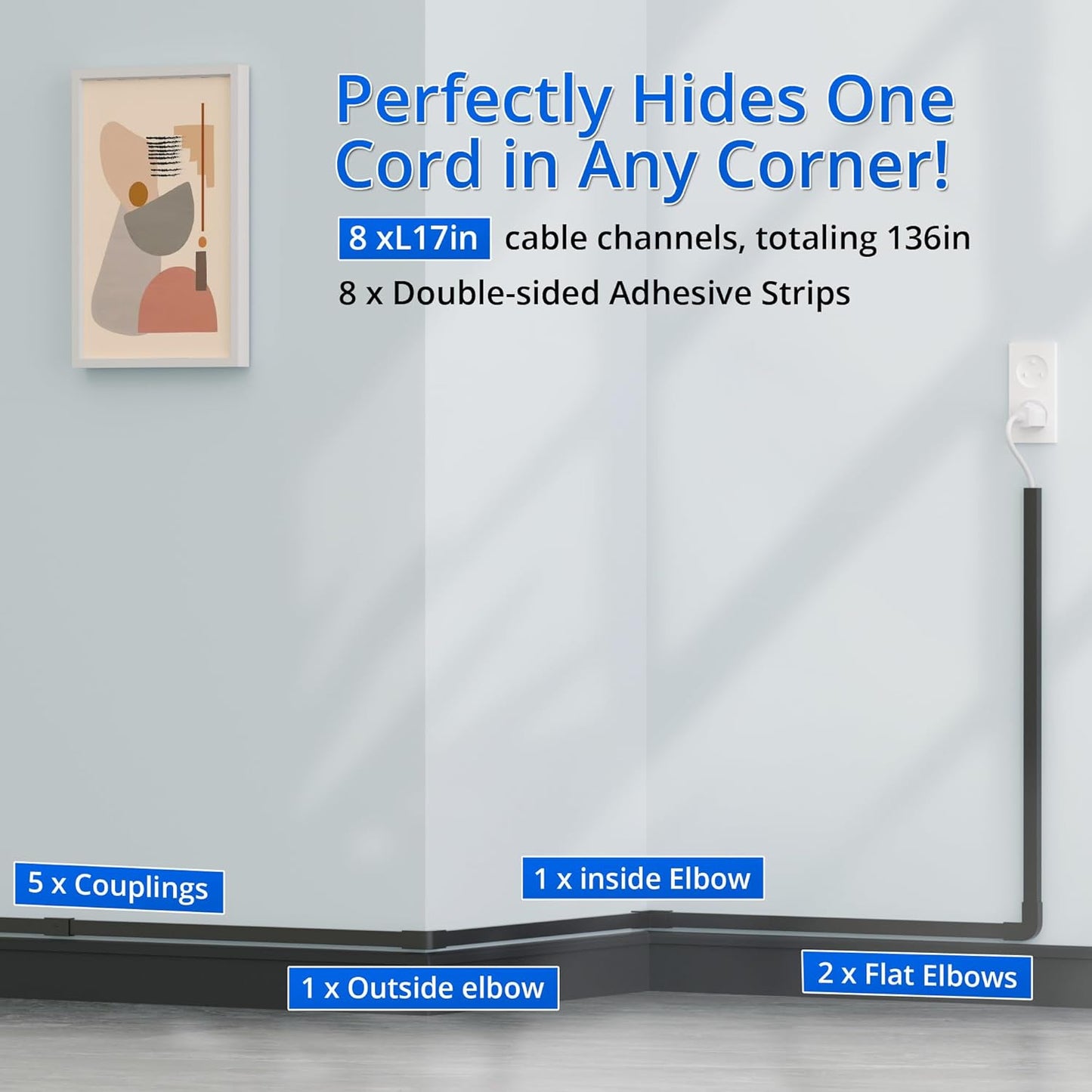 Cord Hider Wall for One Cord 136in, ZhiYo Cord Covers for Wires on Wall, Easy Install Cable Cover Wall, Black Cable Raceway Hide Cords, Cable Hider Cord Management Wall, 8X L17in, W0.6in H0.4in