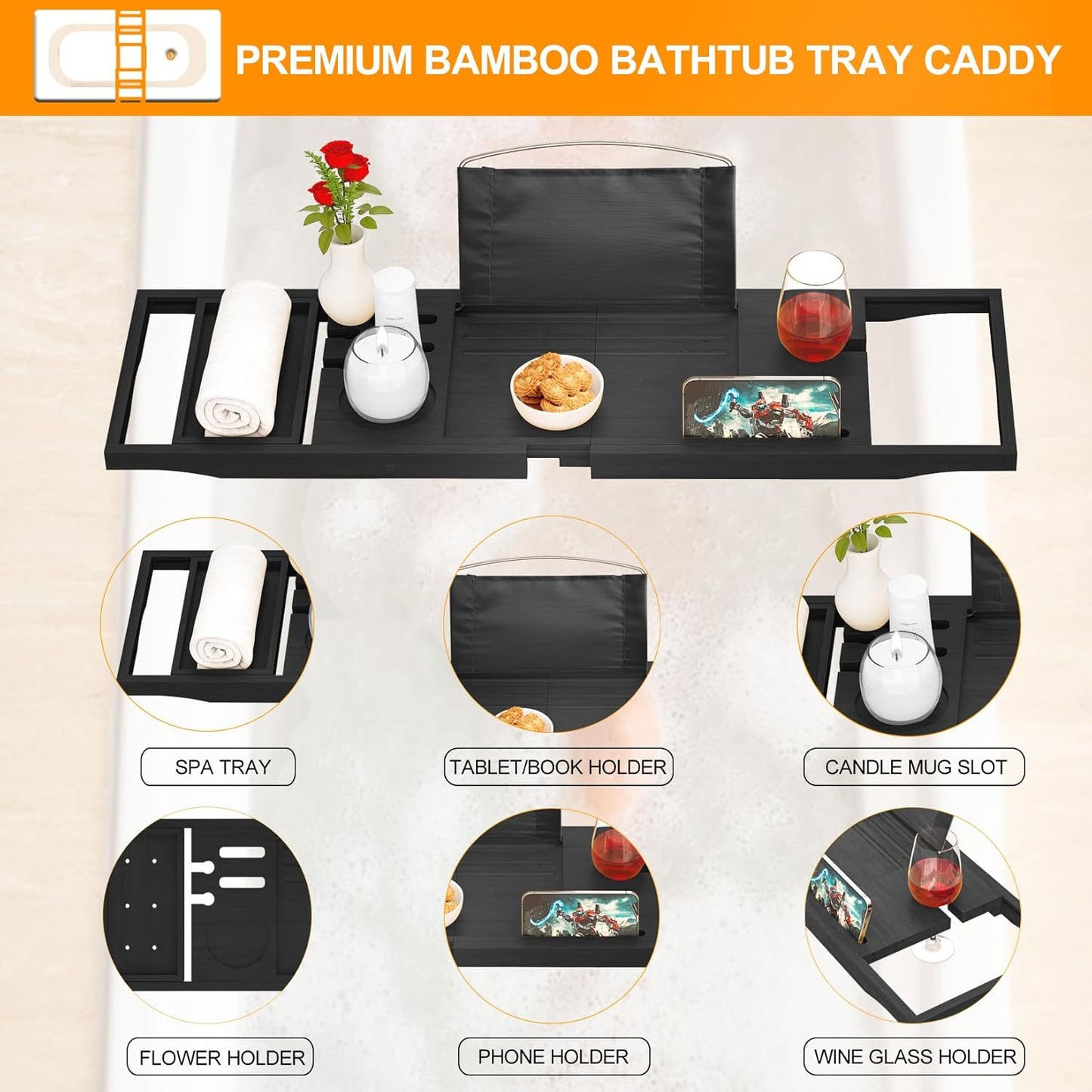 Premium Bathtub Tray Caddy - Bath Tray Expandable - Bath Tub Tray Table for Bathtub, Bamboo Wooden, Fits Most Bath Tubs