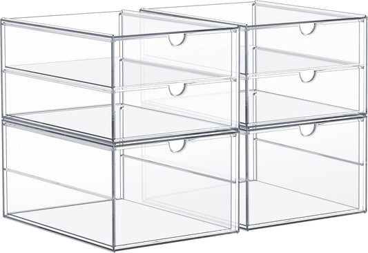 Sorbus Makeup Organizer With 6 Drawers, Acrylic Drawer Organizer for Makeup, Office Organization and Storage, Art Supplies, Jewelry, Stationary - 4 Pcs Clear Stackable Storage Bins Organizer Drawers