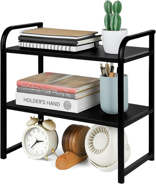Desktop Shelf Organizer, 2-Tier Office Desk Shelf for Top of Desk, Wood & Metal Bookshelf Supplies Storage Rack (Black)