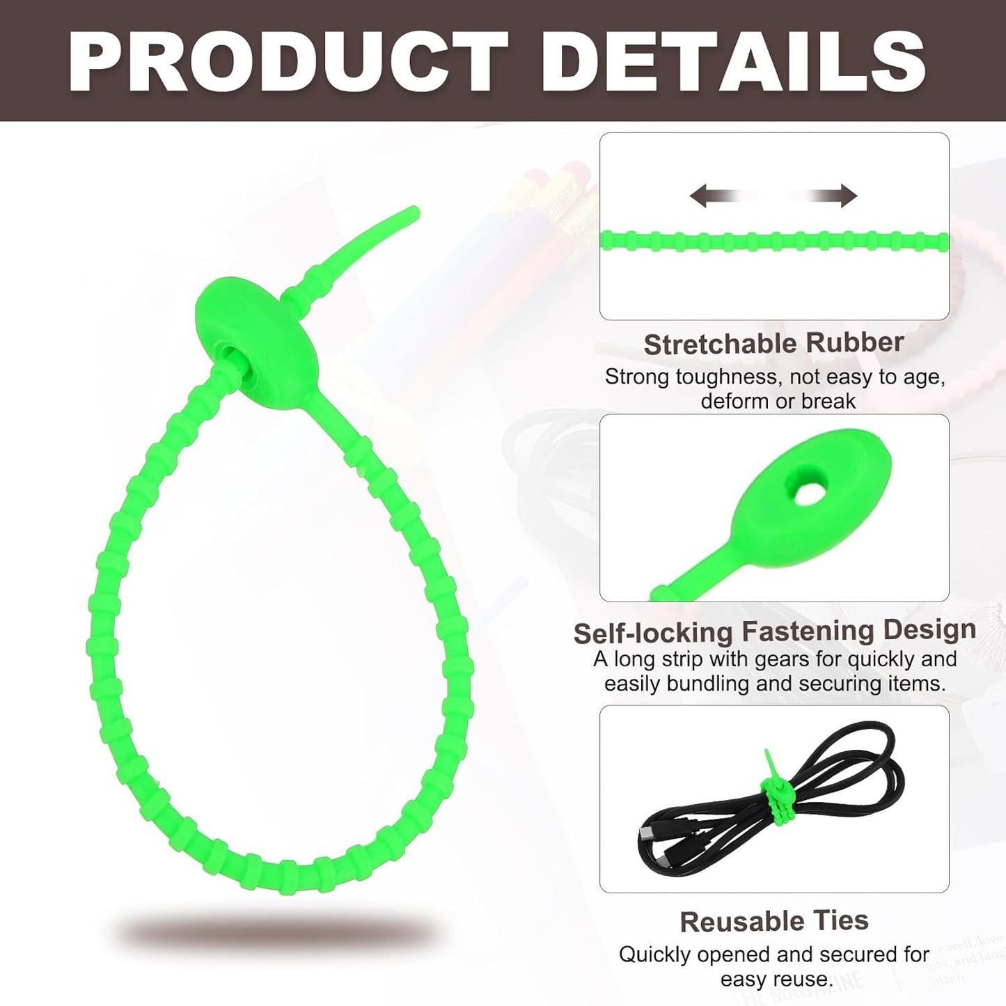 uxcell 20 Pcs Silicone Ties Bag Clip, 8.5 Inch Multi Purpose Silicone Zip Ties Reusable Rubber Zip Tie, Cable Strap Cord Organizer for Home Office Food Bag Wires Cables, Fluorescent Green