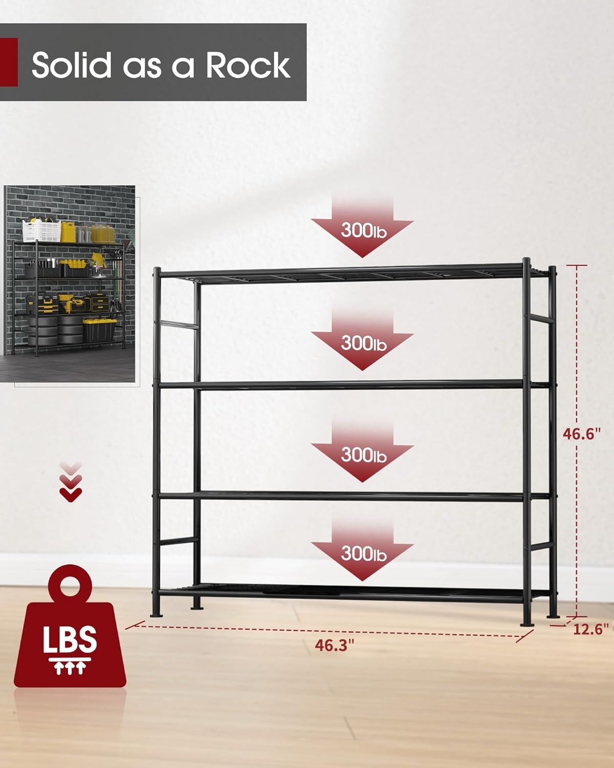 Storage Shelves - 4 Tier Shelf Organizer, Heavy Duty Garage Shelving Unit with Leveling Feet, Stable Metal Shelves Organizer for Pantry, Kitchen and Closet, 46.3" W x 12.6" D x 46.6" H, Black