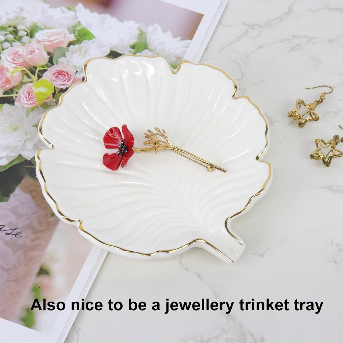 White Leaf Bathroom Soap Dish,Ceramic Soap Dish Holder in Palm Leaf Style,Self Draining Design and Used to Hold Various Small Bathroom and Kitchen Accessories