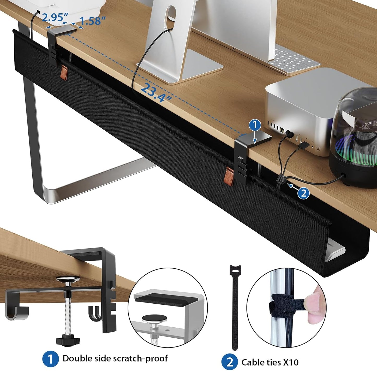 Zilink No Dril Under Desk Cable Management Tray 40" Cable Organizer Clamp/Screw Mount Premium Fabric Desk Wire Management for Office Home