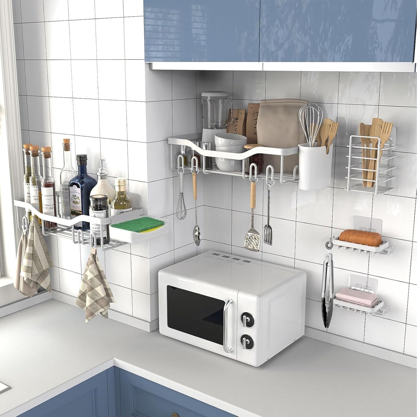 Shower Caddy Adhesive Shower Organizer 7-Pack, Rustproof Stainless Steel Bathroom Shelves, Large Capacity No-Drill Rack Storage Accessories with Soap Dish Toothbrush Holder Hooks (White)