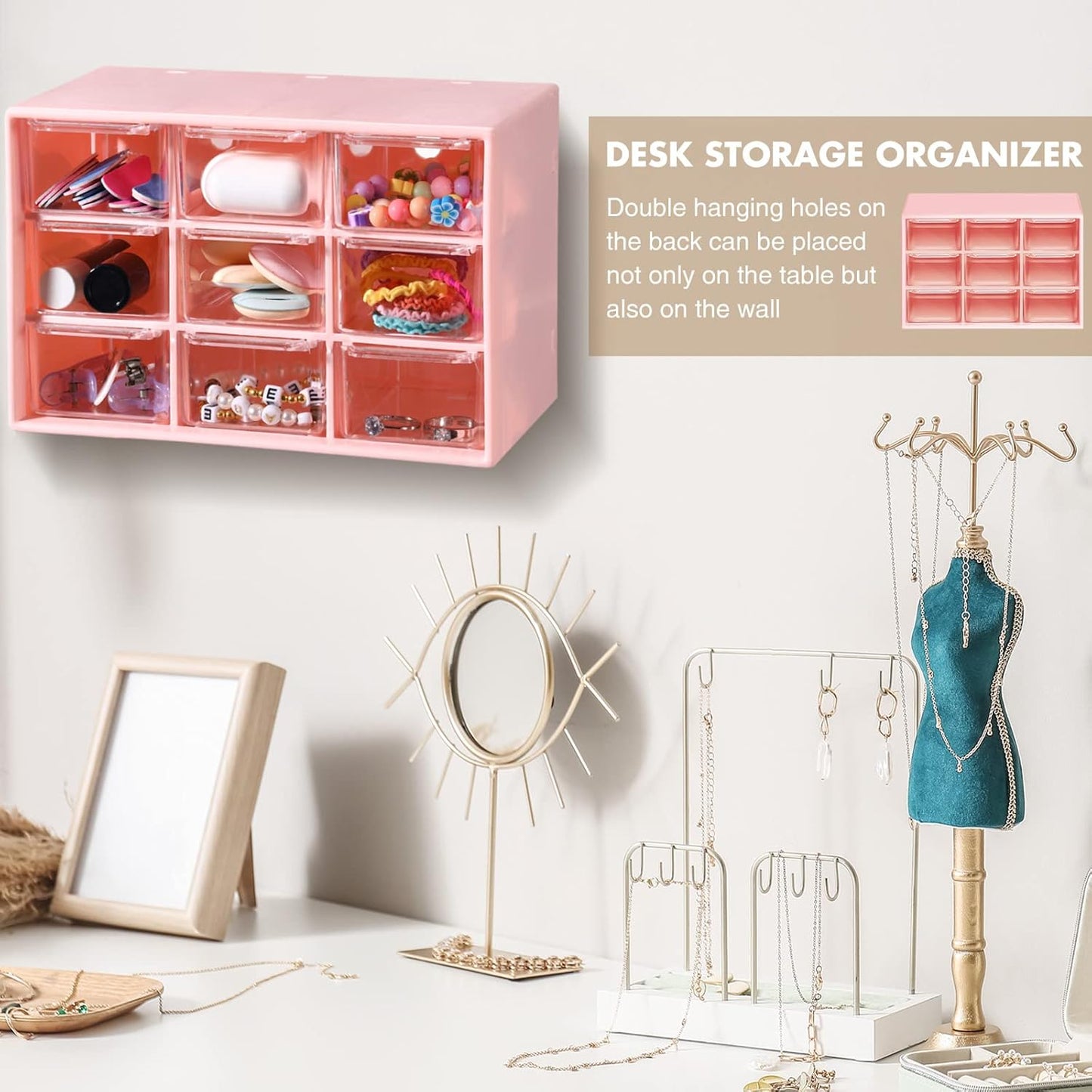 Amyhill 6 Pcs Mini Drawer Organizer Small Organizer with 9 Drawers Plastic Desktop Craft Storage Box for Office Home Room Jewelry Cosmetics Collection(Pink)
