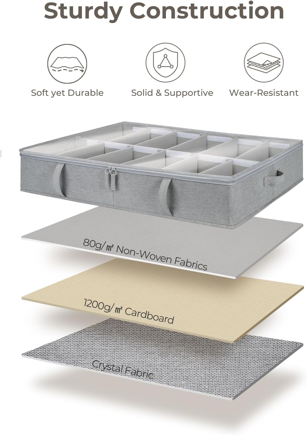 StorageWorks Shoe Organizer Under Bed for Closet, 2-Pack Ultra-thick Fabric Shoe Storage Containers with Bottom Support and Adjustable Dividers, Fits up to 24 Pairs, Grey