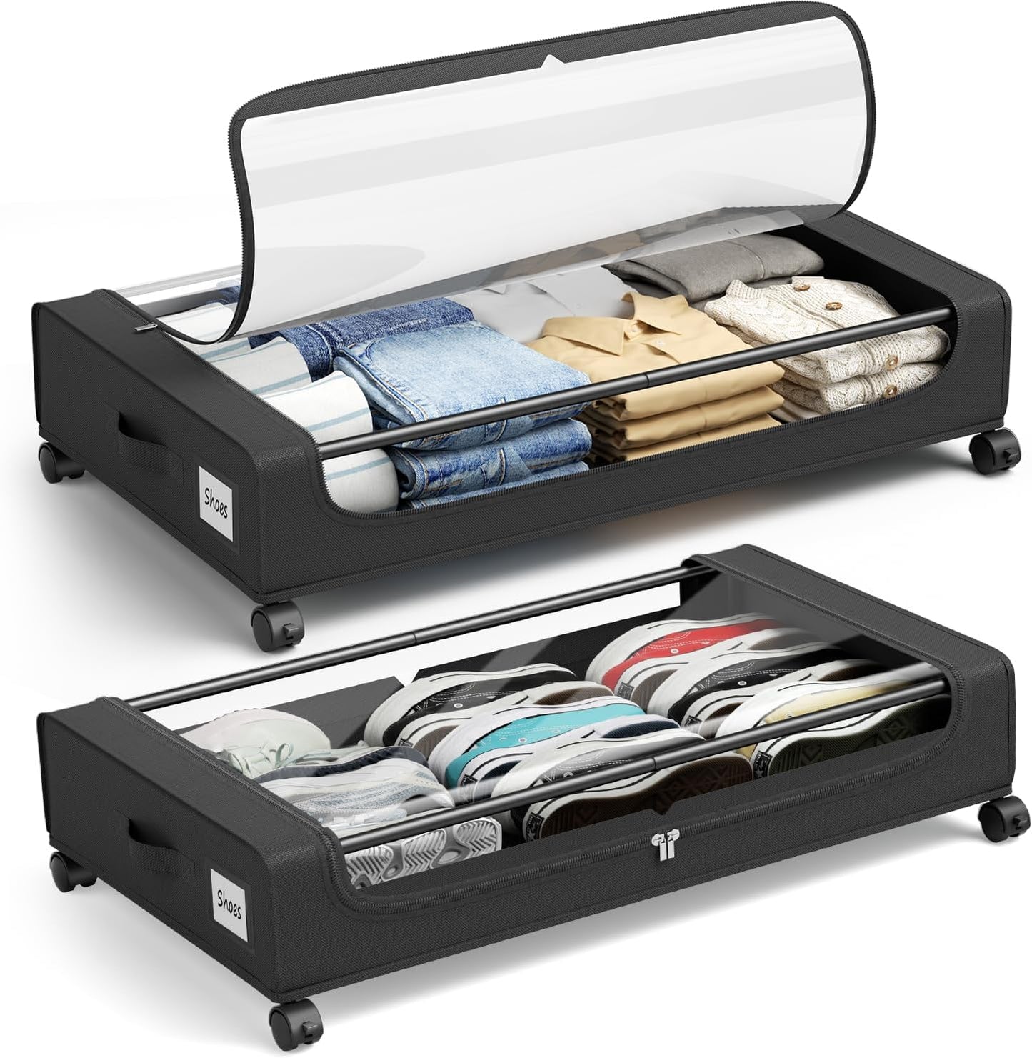 Under Bed Storage Containers with Clear Lid, Large Under Bed Storage with Wheels,6.22"H Under Bed Containers Rolling Under Bed Cart, Fabric & Metal Frame Under Bed Drawer for Clothes ;Black, 2 Pack