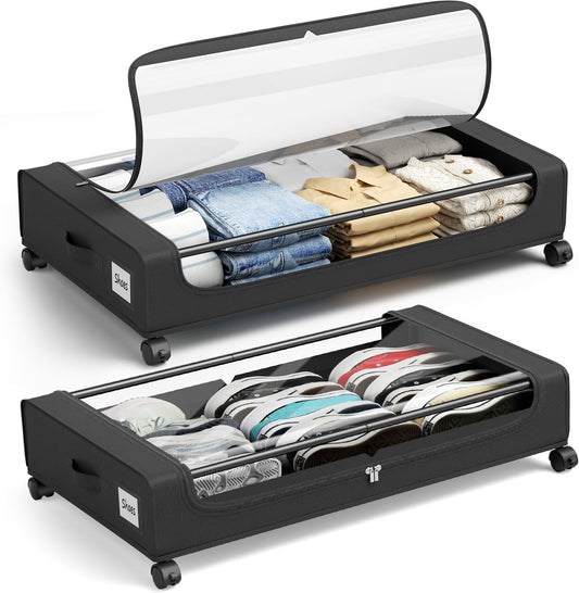 Under Bed Storage Containers with Clear Lid, Large Under Bed Storage with Wheels,6.22"H Under Bed Containers Rolling Under Bed Cart, Fabric & Metal Frame Under Bed Drawer for Clothes ;Black, 2 Pack