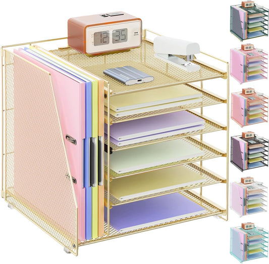 gianotter Desk Organizers and Accessories, 6-Tier Paper Organizer with Magazine rack, File Organizer for Desk, Office Accessories & Workspace (Gold)