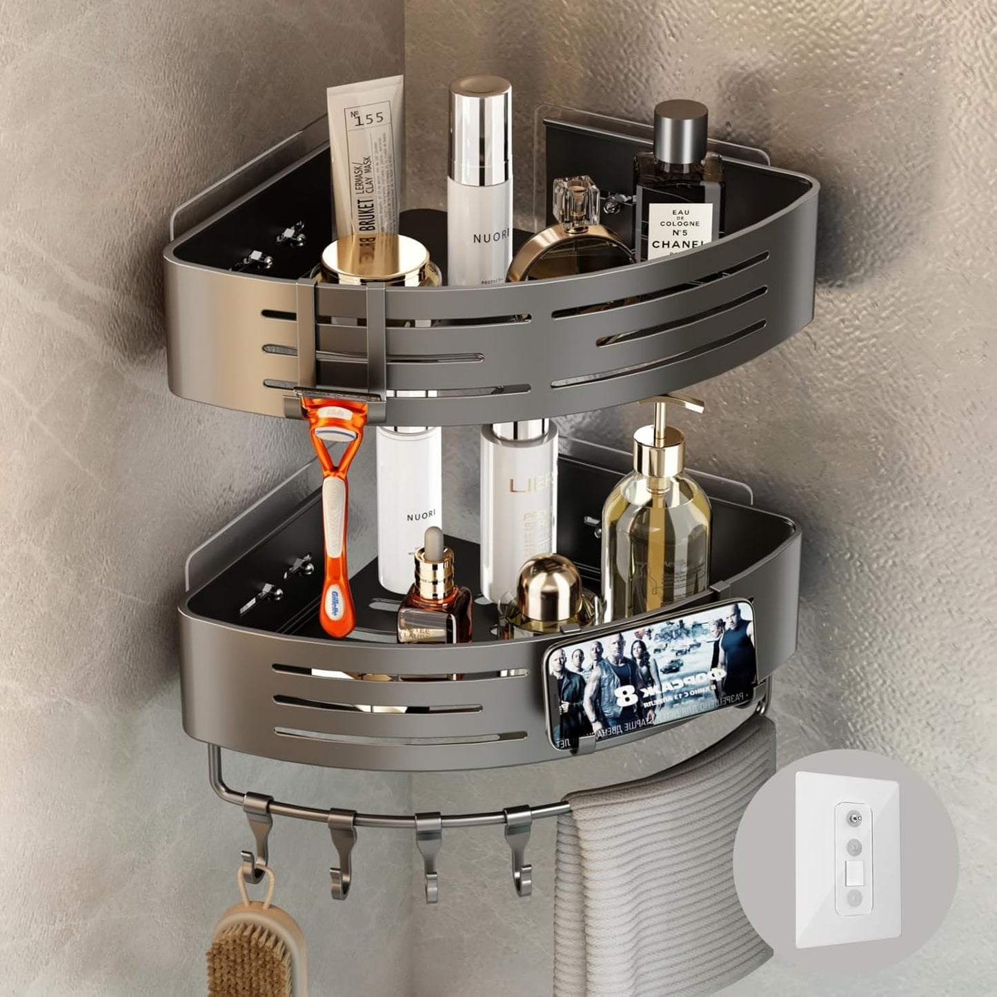 Voldra 2 Pack Corner Shower Shelves, Aluminum Stick On Showers Organizer, Modern Style, Triangular Corner Shelf, No Drilling Required