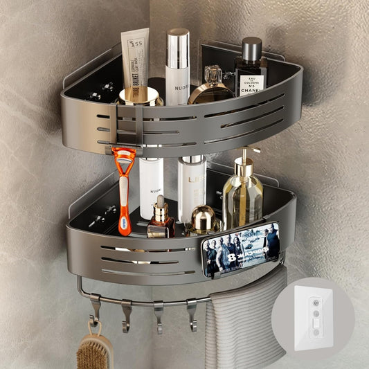 Voldra 2 Pack Corner Shower Shelves, Aluminum Stick On Showers Organizer, Modern Style, Triangular Corner Shelf, No Drilling Required