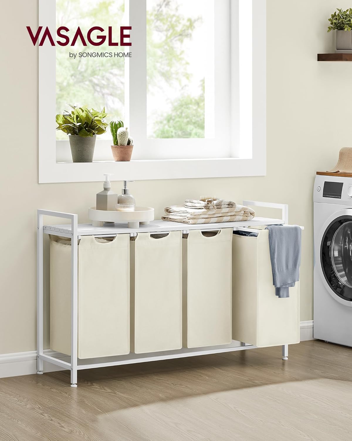 VASAGLE Laundry Hamper, Laundry Basket, Laundry Sorter with 4 Pull-Out and Removable Bags, Shelf, Metal Frame, 4 x 10.6 Gallons (40 L), 45.7 x 13 x 28.4 Inches, Cream White and Cloud White UBLH401W01