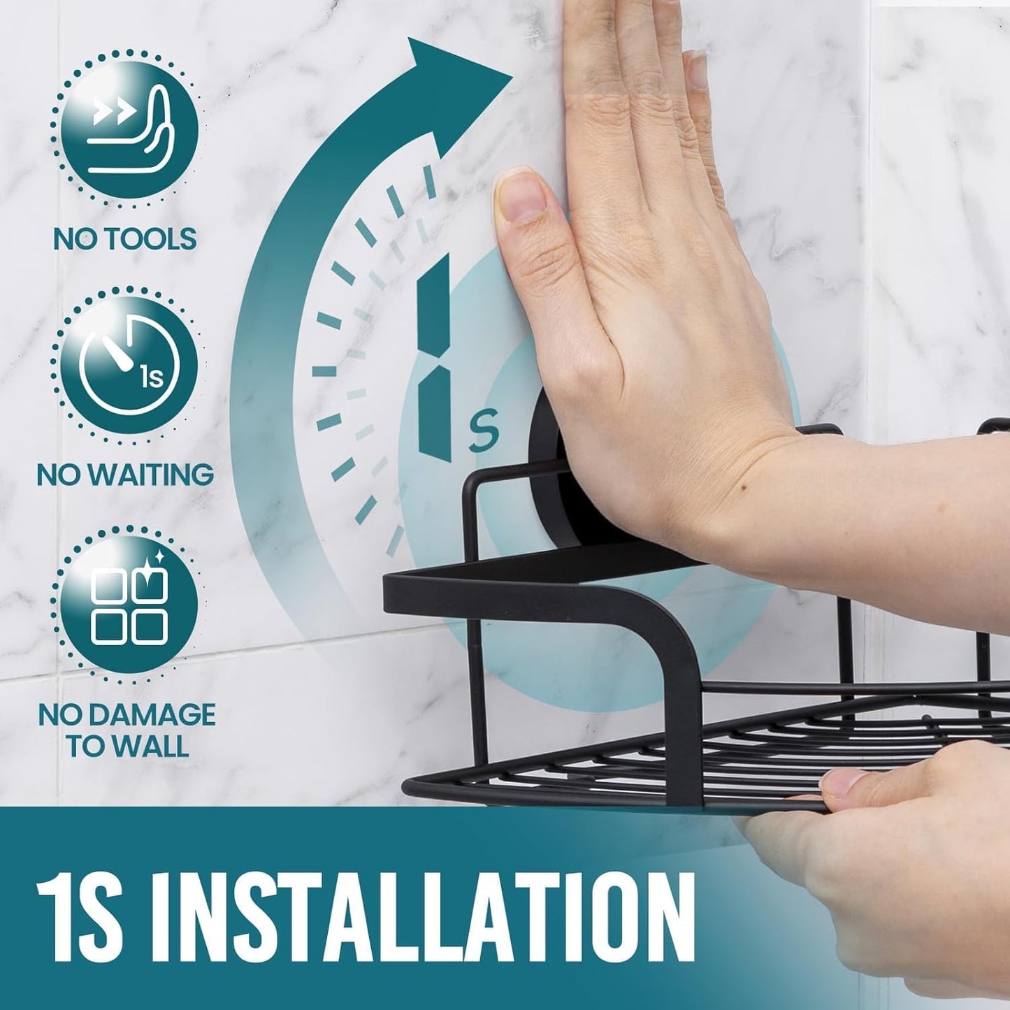 TAILI Powerful Suction Cup Corner Shower Caddy 2 Pack, Stainless Steel Rustproof Shower Shelf with Hook, Drill-free Wall Mounted Basket, Large Capacity Removable Suction Cup Bathroom Organizer, Black