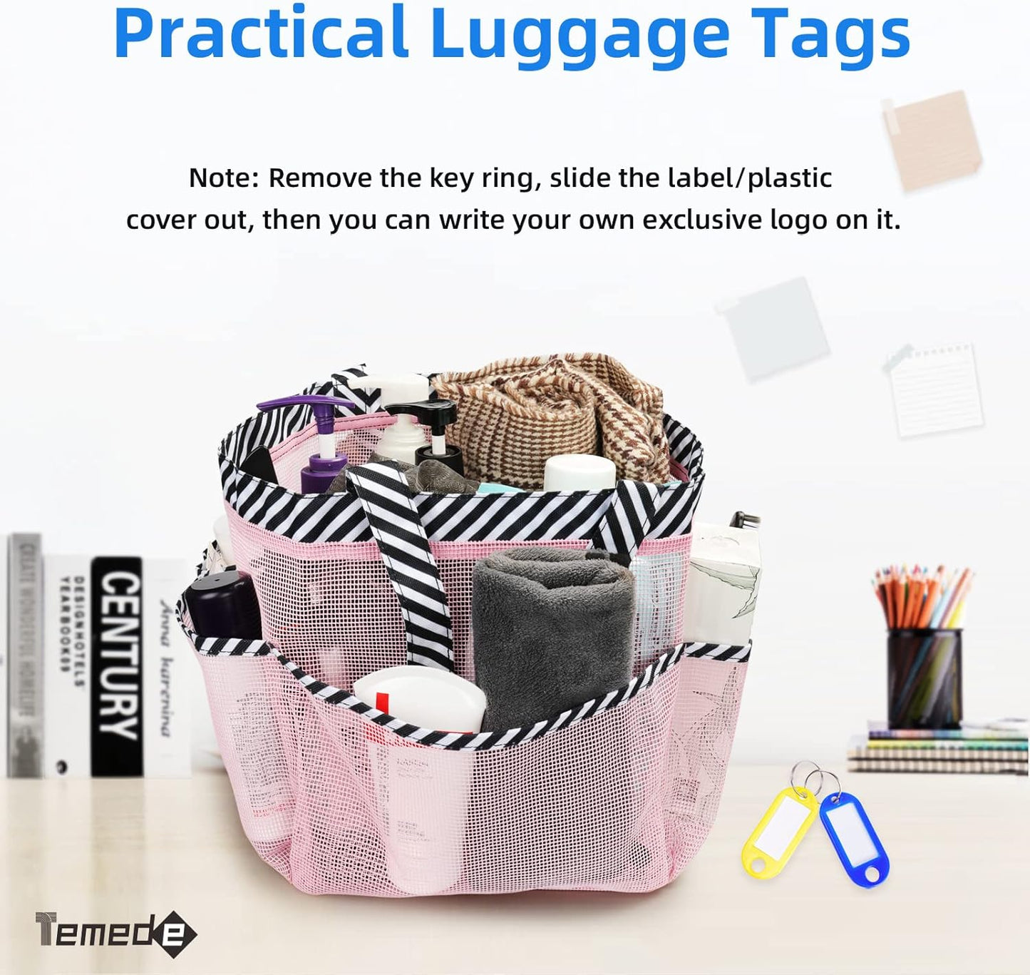 Temede Mesh Shower Caddy Tote, Large Shower Caddy Basket Portable, Quick Dry Hanging Toiletry Bag, 8 Storage Pocket Bath Organizer for College Dorm Room, Gym, Bathroom, Camp, Travel (Pink+Stripes)