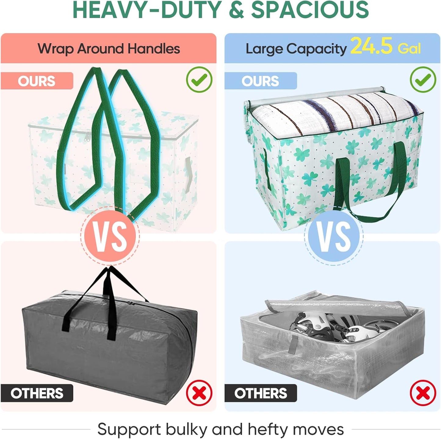 BALEINE 6-Pack Oversized Moving Bags with Reinforced Handles, Heavy-Duty Storage Tote for Clothes, Moving Supplies (Clover, 6-Pack)