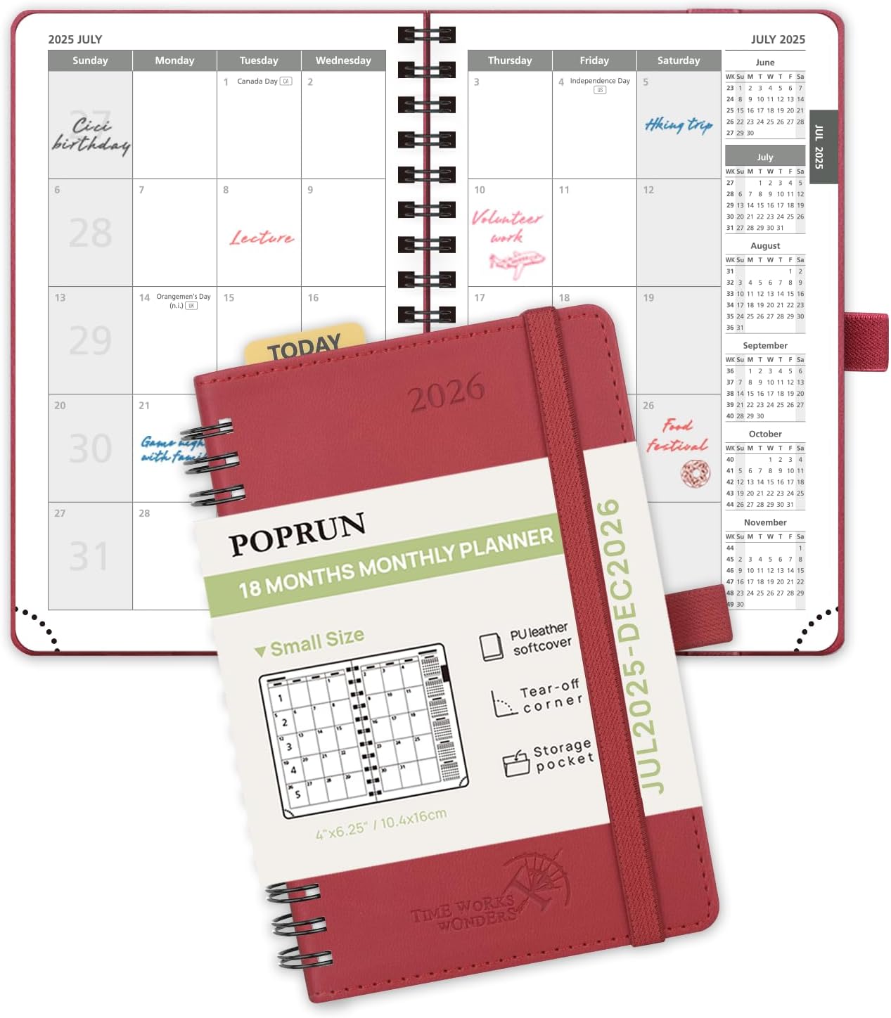 POPRUN Monthly Planner 2025-2026 Pocket Size (4" x 6.25") 18 Months Calendar (Jul 2025 - Dec 2026) - 4 Pages per Month with Monthly Expense & Notes, Sunday Start, Leather Cover - Burgundy