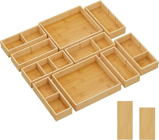 Lifewit Drawer Organizers 10 Pack(22 Grid) with 12 Inserts, Adjustable Bamboo Wooden Drawer Dividers, Stackable Storage Box for Utensils, Silverware, Makeup, Junk in Kitchen/Bathroom/Office/Vanity