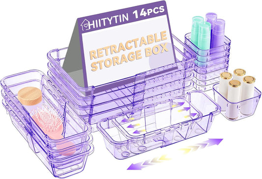 14 Pcs Adjustable Clear Drawer Organizer, Extendable Vanity Storage Bins, Desk Drawer Organizer Set for Makeup, Cosmetics, Bedroom, and Gadgets, Purple