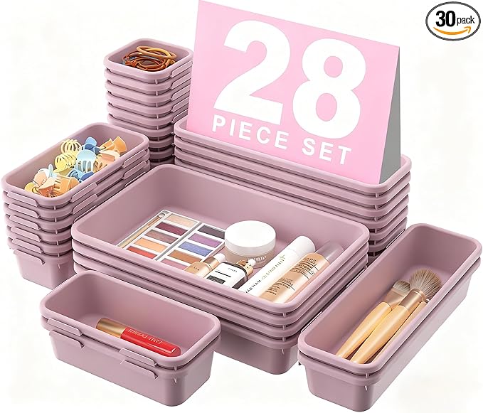 A-LuGei 【𝟮𝟴𝗣𝗖𝗦】 【𝟱𝗦𝗶𝘇𝗲】 Purple Drawer Organizer, Makeup organizer, 【Holds 177 Items】 Bathroom Organizers and Storage, Plastic Desk Organizer Divider, Organizer Bins for Office Vanity