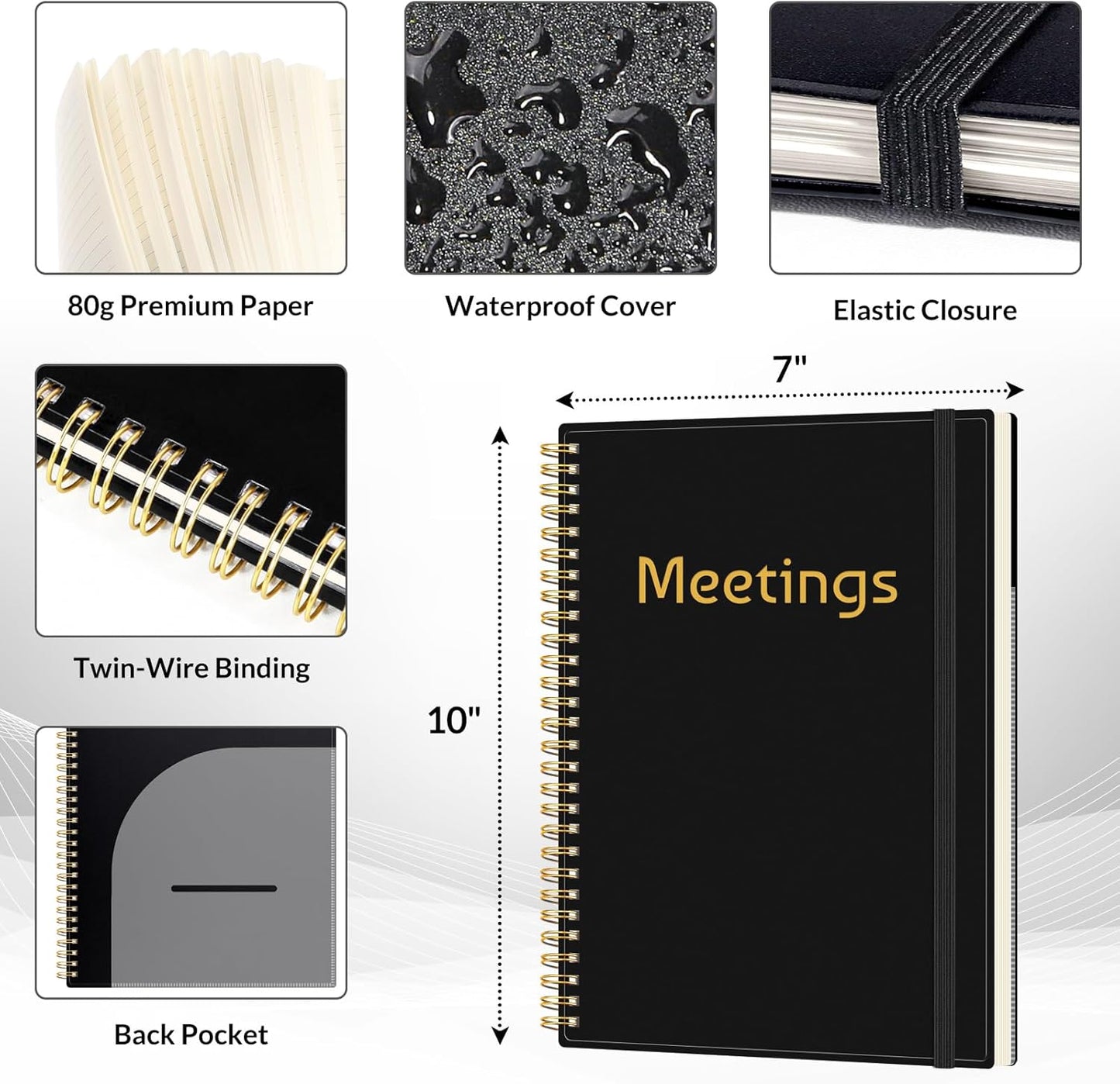 SUNEE Half Meeting Half Note 7"x10" Notebook for Work – 140 Pages, B5 Size Project Planner for Women&Men, Minutes Organizer for Meeting Notes, Ideas for Office/Business, PVC Waterproof Cover, Black