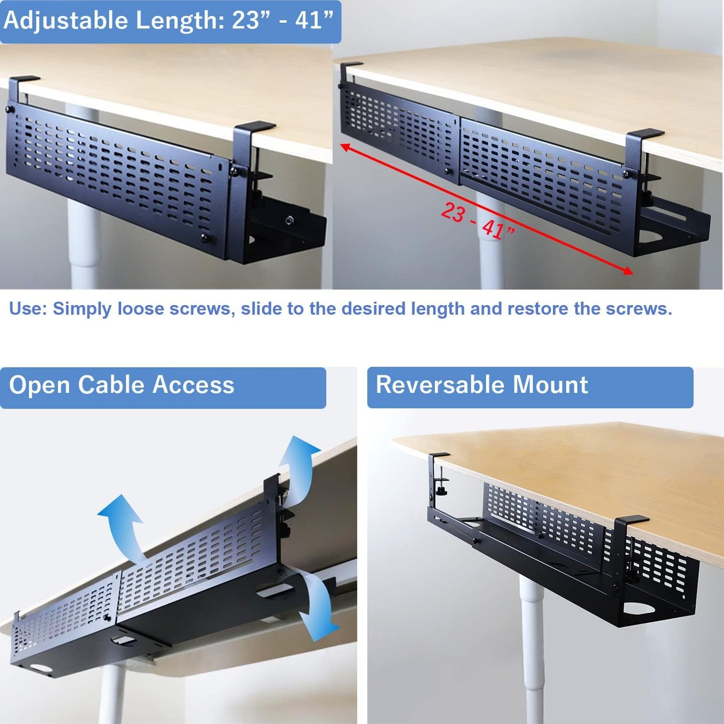 AEONS Under Desk Cable Management Tray Kit - Horizontal Adjustable up to 41” Removable C Clamp Mount Reversible Computer Cord Raceway and Modesty Panel for Large Table, Black