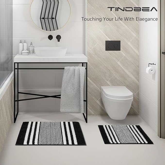Tindbea Bathroom Rugs Set 2 Piece, Extra Soft and Absorbent Fluffy Striped Chenille Bath Mat Rug Set, Non Slip Bathroom Floor Mat, Machine Washable (20" x 32" Plus 16" x 24", Black)