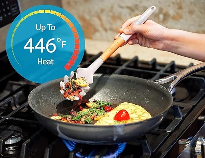 6 Pcs Cookward Silicone Cooking Utensils Set - Natural Wood Kitchen Utensils – Eco Friendly & BPA Free, Non-Scratch & Non-Stick Easy Grip -White