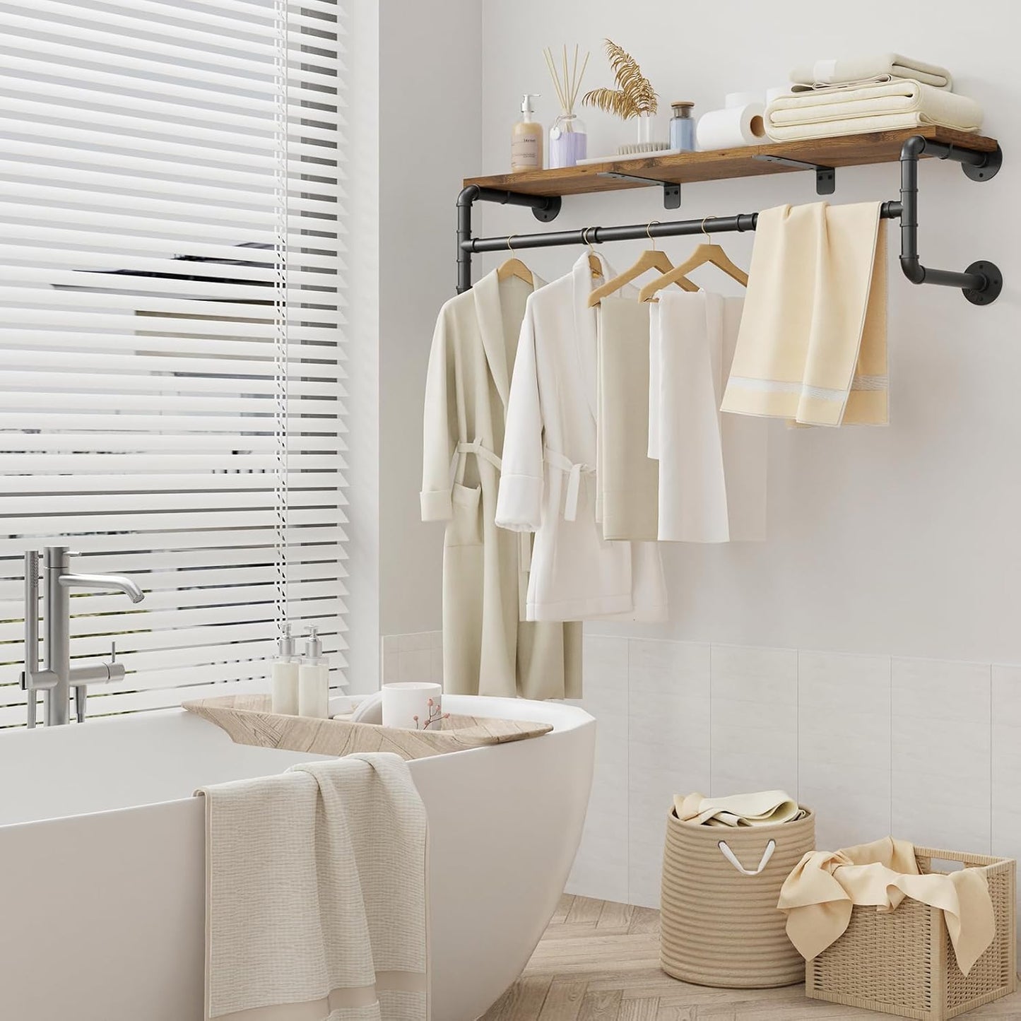 Yawinhe Industrial Pipe Clothing Rack with Shelves, Wall Mounted, Space Saving Closet Rod with 4 Bases, for Shops, Homes, 41.3''Lx10.2''Wx10.2''H, Rustic Brown, 1-Pack