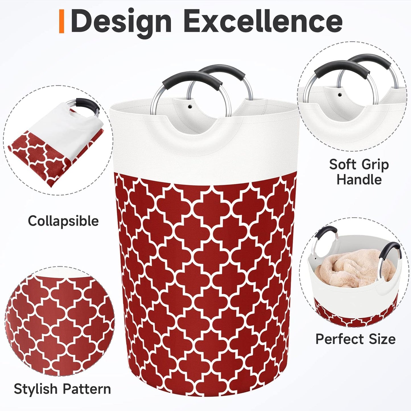 Large Laundry Basket Laundry Hamper Bag Washing Bin Clothes Bag Collapsible Tall with Handles Waterproof Travel Bathroom College Essentials Storage for College Dorm, Family, 115L (Red)