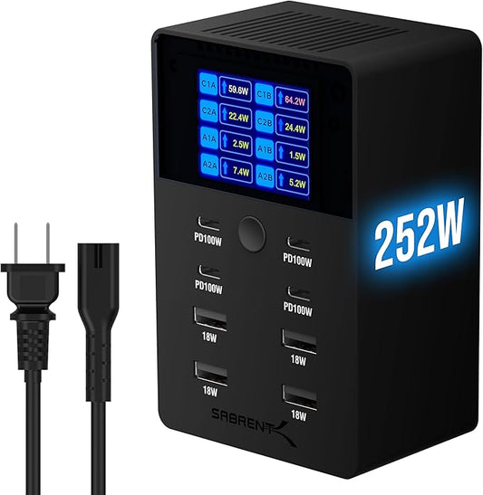 SABRENT 252W USB C Charging Station, 8-Port Desktop Fast PD Charger Block with LCD Power Display for Multiple Devices, Active Cooling – (AX-8PTC)