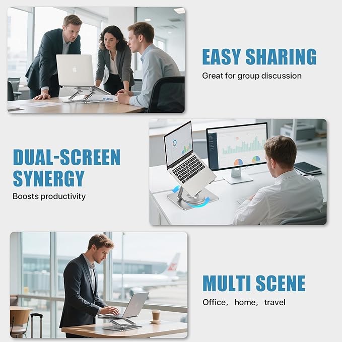 360° Swivel Laptop Stand - 2.5mm Heavy-Duty Aerospace Aluminum, Adjustable Height & Angle, Sturdy Yet Lightweight，Ergonomic Desk Mount for 10-17" MacBook/Dell/HP,Silver