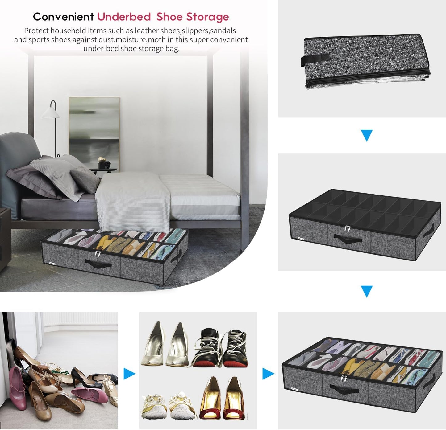 Onlyeasy Sturdy Under Bed Shoe Storage Organizer with Handles and Clear Window Fit 16 to 32 Pairs, Premium Foldable Shoes Container Box for Closet, 37.7x 23.6x 5.9 inch, Cotton-like Black, MXBUBS16P2