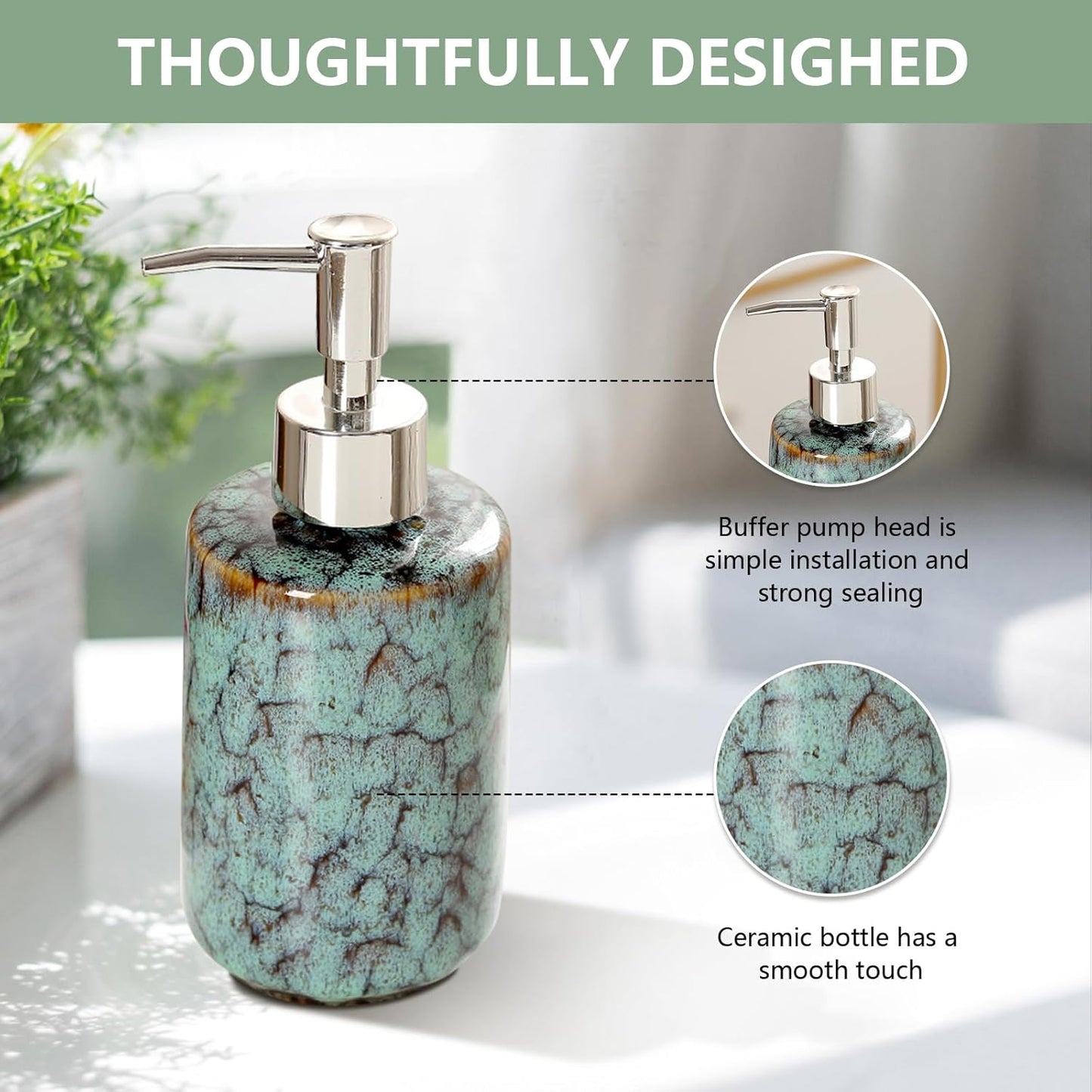 jessie Hand Soap Dispenser,Green Ceramic Liquid Hand Soap Dispenser with Pump,Modern Vintage Refillable Hand Lotion Pump Bottle for Bathroom Kitchen Set 11.8 oz (Green)