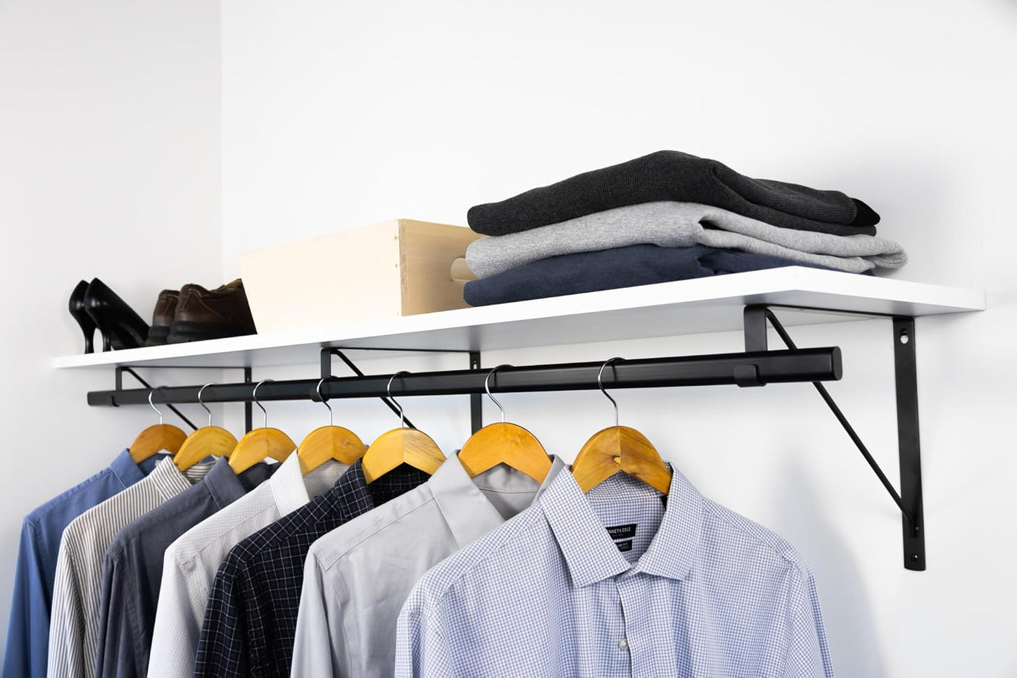 Custom Cut-to-Size Premium Wall-Mounted Shelf with Rod and Bracket Kit. 3/4" Thick Shelves, 14 inches deep. Customize The Length from 16" up to 72".