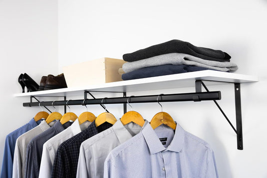 Custom Cut-to-Size Premium Wall-Mounted Shelf with Rod and Bracket Kit. 3/4" Thick Shelves, 14 inches deep. Customize The Length from 16" up to 72".